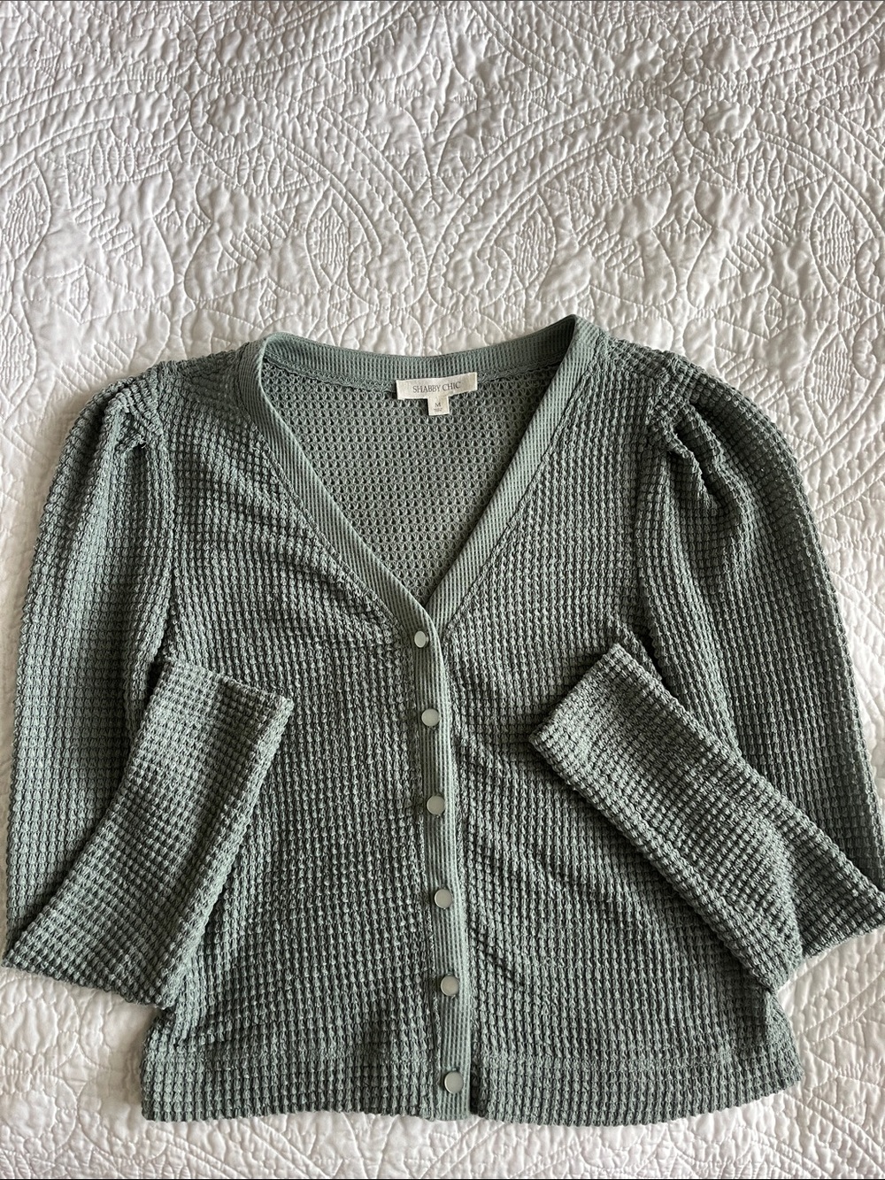 Shabby Chic Sage Green Waffle Knit Button-Front Cardigan